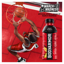 Red sports drink bottle with black cap and BODYARMOR label, sports drink