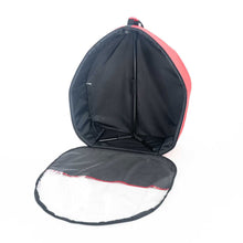 Open wreath storage bag showing its dark interior and support frame