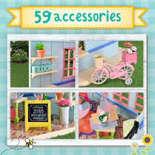 Flower shop dollhouse playset with 59 accessories shown in indoor and outdoor views