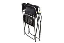 Black folding director's chair with side table, metal frame, rear view