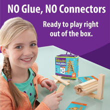 KEVA Brain Builders set in box with wooden planks and puzzle cards on tabletop