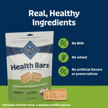Blue Buffalo Health Bars pouch with real healthy ingredients and no BHA icons