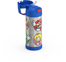 Stainless steel water bottle with straw, blue flip top, Mario character graphic