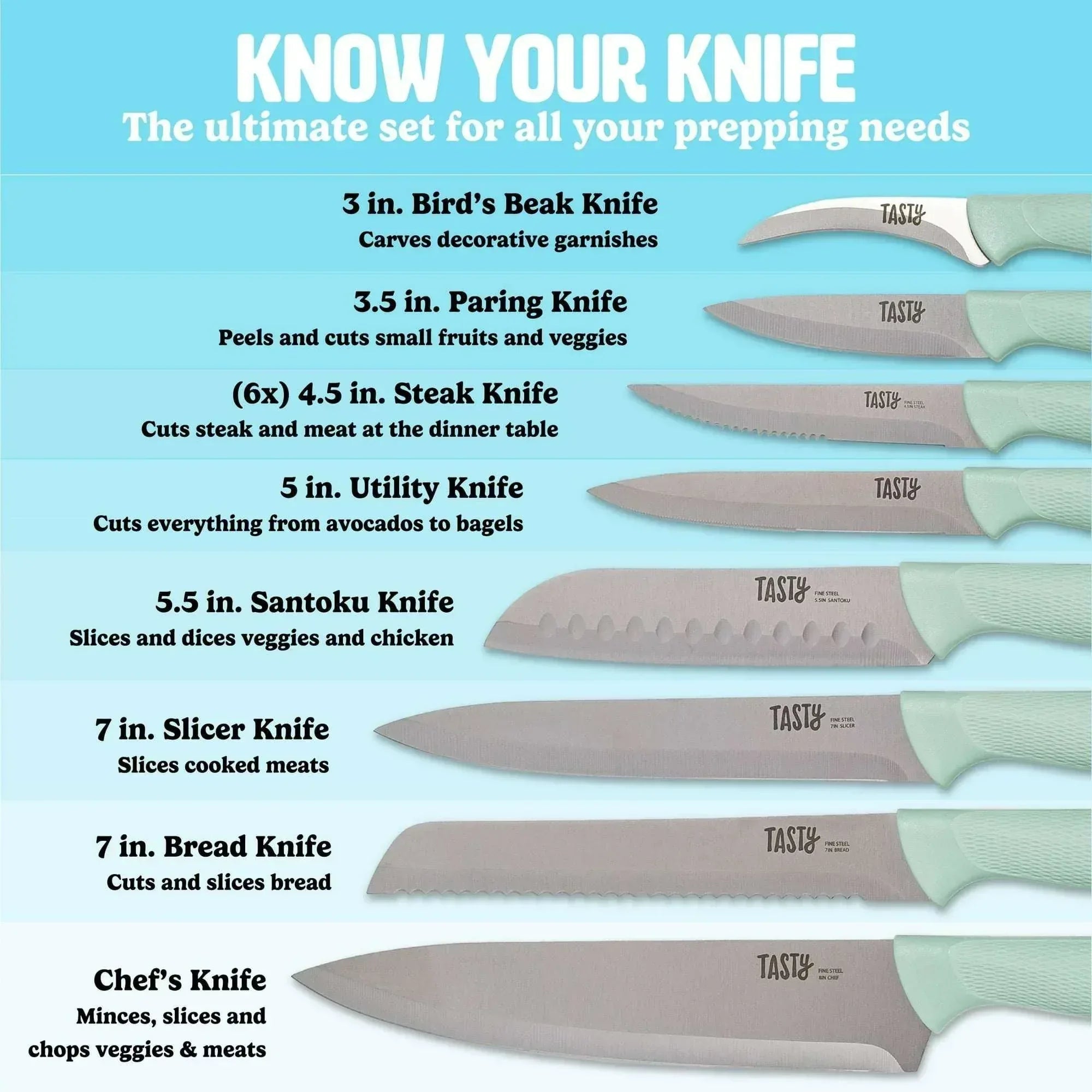 Tasty 15-Piece Stainless Steel Kitchen Knife Set With Block, Soft-Grip Handles Slate Blue