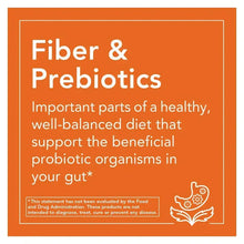 NOW Fiber & Prebiotics orange info panel with gut support text