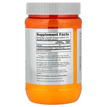 L-glutamine powder supplement facts label on white panel of orange tub