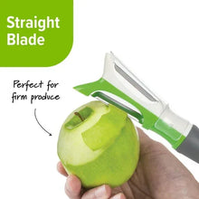 Dual-sided peeler with straight blade, green and white head, used on cucumber