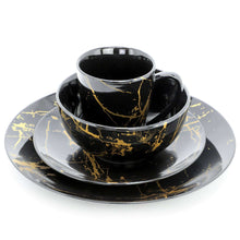 Black porcelain dinner set with gold veined pattern: cup, saucer, plate and shallow bowl
