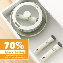 Stacked white speckled cookware nest set in a storage container with lid and handles