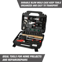 Home tool set case open with organized sockets, pliers, and hammer in tray