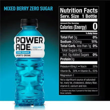 Powerade Zero Mixed Berry sports drink bottle, dark blue liquid, black cap