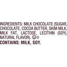 Ingredient list for milk chocolate Easter candy eggs, includes sugar and cocoa butter