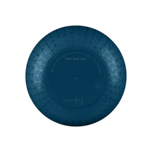 Navy plastic bowl underside with embossed leaf pattern and printed guidance
