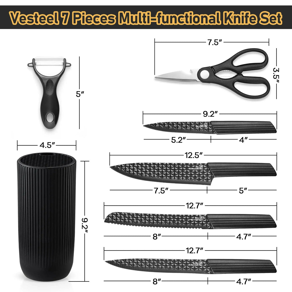 Vesteel Kitchen Knife Set of 7, Professional Stainless Steel Knives Set for Kitchen with Universal Knife Block - Khaki - USA MEGA SHOP