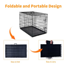 Foldable dog crate with black metal wire panels and plastic tray, folded for carrying
