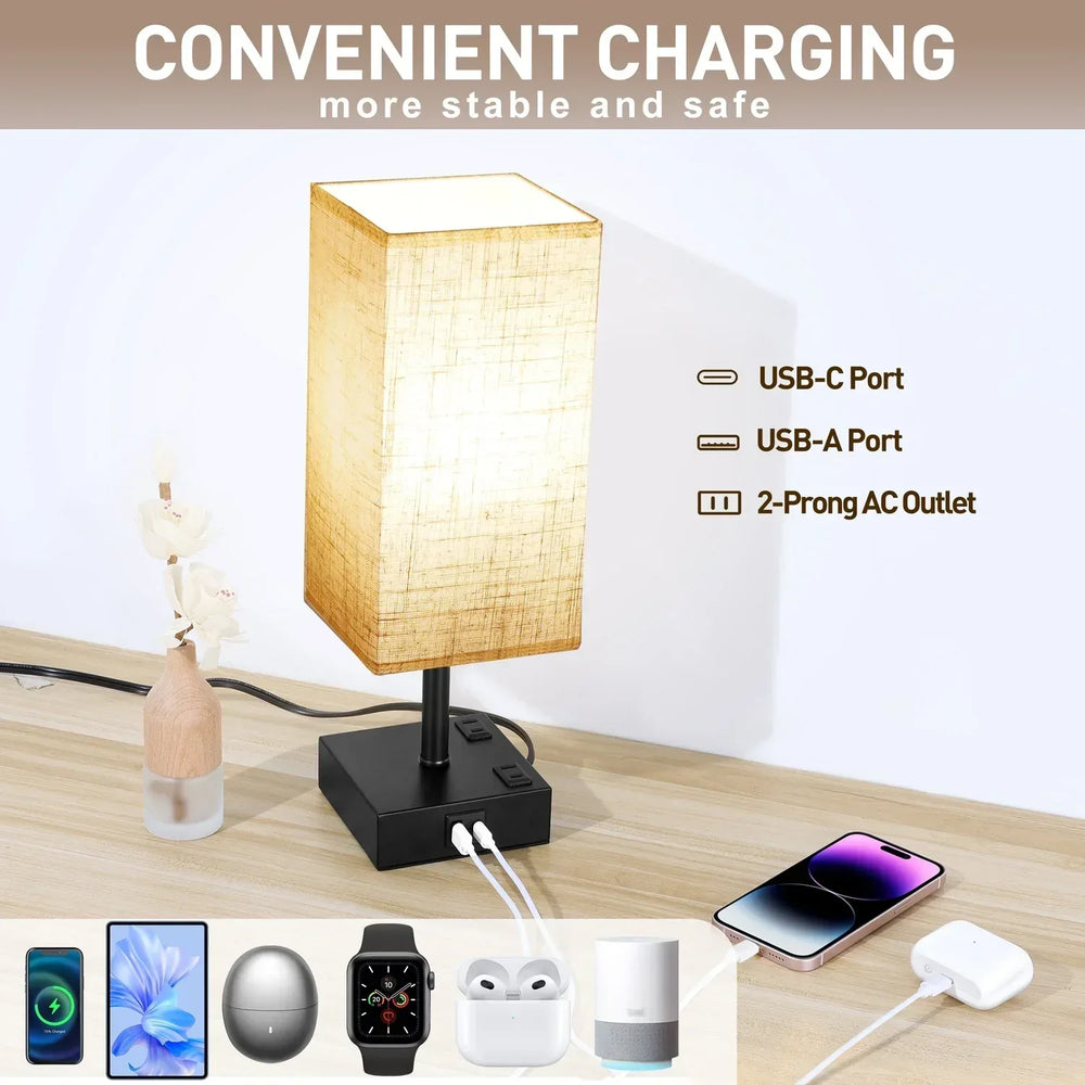 Walchoice Touch Control Table Lamp for Bedroom, 3-Way Dimmable Desk Lamp with USB A+C Charging Ports & 2-Prong AC Outlets, Nightstand Lamp with Rectangular Flaxen Shade - USA MEGA SHOP