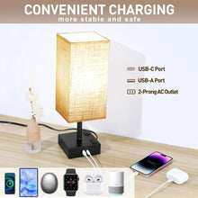Rectangular linen table lamp with dark base, USB-C, USB-A, and 2-prong AC outlet