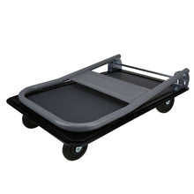 Rolling utility cart with gray top frame, dark deck, and four caster wheels