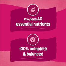 Dry cat food bag panel with provides 40 essential nutrients badge
