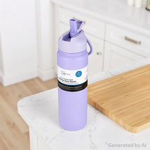 Purple double-wall stainless steel water bottle with carry loop and flip-top lid
