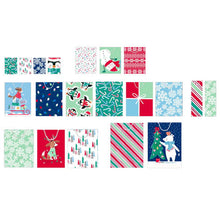 Christmas gift bag designs featuring winter patterns, characters and holiday colors