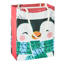 Small Christmas gift bag with a smiling penguin illustration and teal scarf