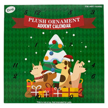 Dog plush ornament advent calendar front with numbered doors and festive dog illustrations