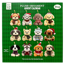 Dog advent calendar package showing 12 plush dog ornaments in holiday outfits