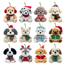 Set of 12 plush dog ornaments in varied holiday outfits, each with a hanging loop
