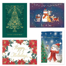 Four holiday card designs: gold tree, festive animals, poinsettias, and snowman.