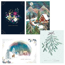 Four Christmas card designs featuring a floral deer, snowy cabin, winter landscape, and mistletoe.