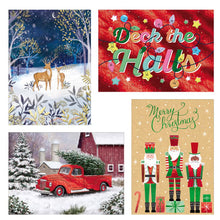 Four Christmas card designs featuring deer, holiday lettering, a red truck, and nutcrackers.
