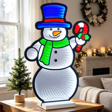 23.2-inch infinity mirror snowman decoration with blue hat, green scarf, and candy cane, illuminated