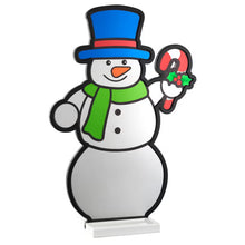 Infinity mirror snowman decoration with blue hat, green scarf, and candy cane, unlit