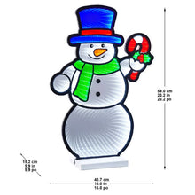 23.2-inch illuminated infinity mirror snowman with blue hat, green scarf, and candy cane; dimensions shown