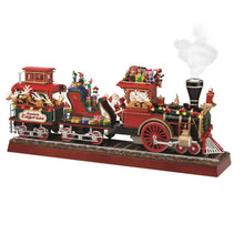 Santa's Express Train with Santa, elves, reindeer and gifts on a display base