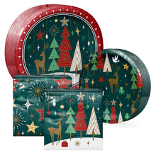Oval paper plate and napkin bundle with deer, trees and festive star designs