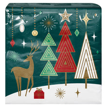 Paper napkin with a deer, geometric trees and a gift on a snowy scene