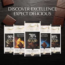 Assorted Lindt Excellence dark chocolate bars with 90% cocoa box shown