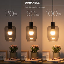 Dimmable smart LED bulbs in three brightness levels, hanging by cords