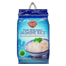 Wellsley Farms Thai Hom Mali jasmine rice bag, 25 lb, blue front label