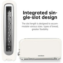 White 2-slice toaster with open side showing internal heating elements and long slot