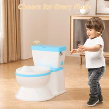 Blue toddler potty training toilet with flushing sound feature