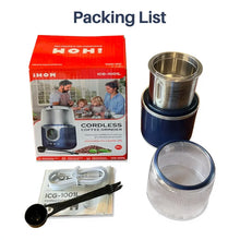Cordless coffee grinder set with blue box, grinder body, stainless cup, and charging cable