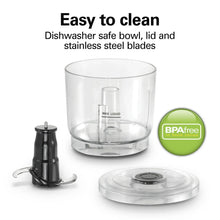 Clear bowl and detachable lid with stainless blades, plus small chopper attachment
