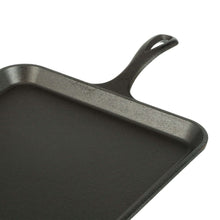 Seasoned square cast iron griddle, black handle and flat cooking surface