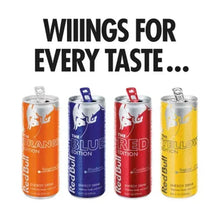 Energy drink variety cans with 'Wings for every taste...' text, four colorful designs
