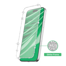 Tempered glass screen protector with glitter frame, shown at a phone side angle