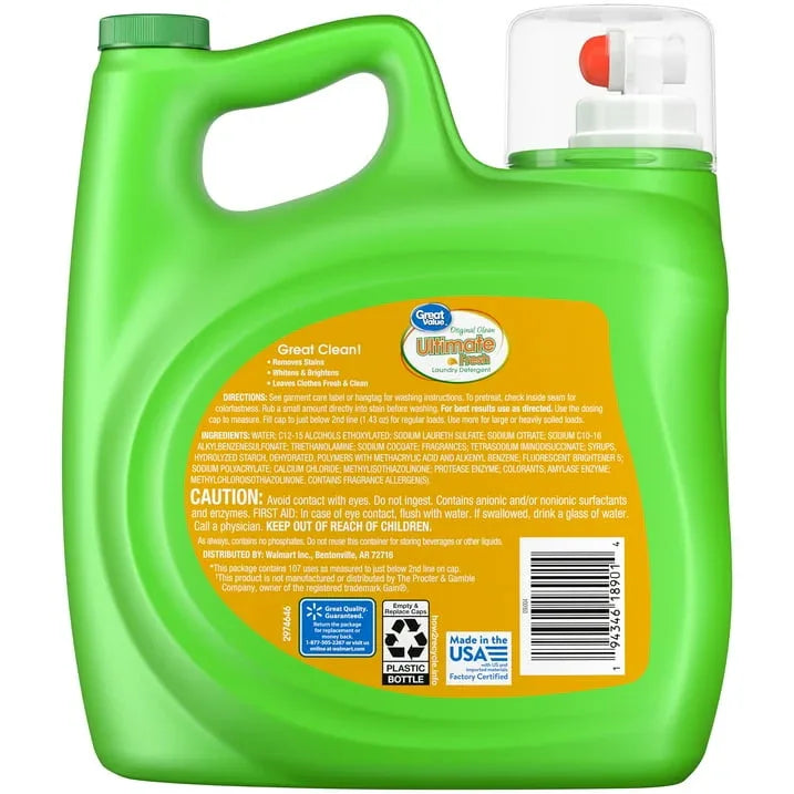 Great Value Ultimate Fresh Laundry Detergent, Original Clean, 154 fl oz, 107 Loads - USA MEGA SHOP