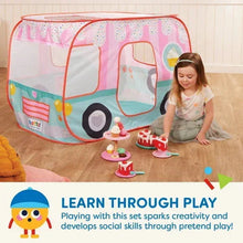 Pink and white fabric pop-up dessert tent with front opening and play counter